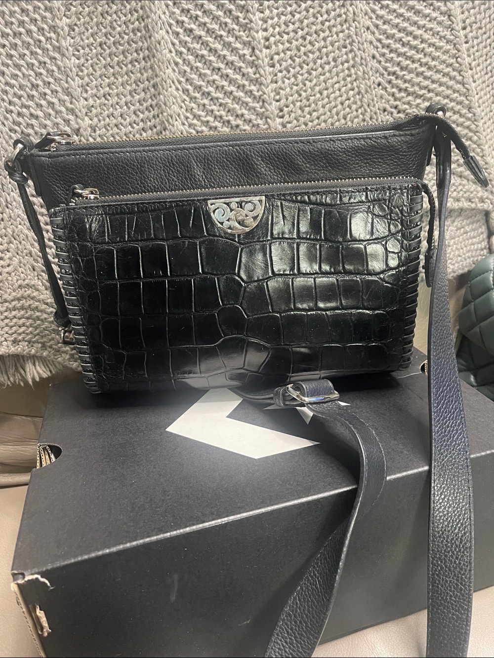Brighton Black Croc-Embossed Leather Crossbody with Silver Accent